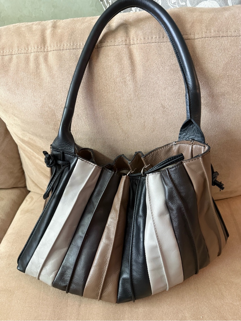 Striped Pleated Leather Shoulder Bag in Black, Brown & Cream